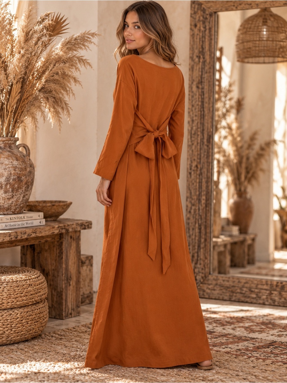 Rust Cotton Tie Waist Maxi Dress
